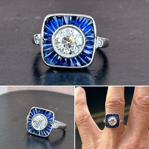 Art Deco Revival Diamond Sapphire Target Ring by Sophia B.