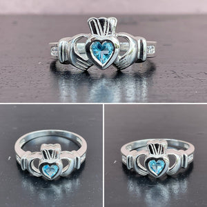 Aquamarine Stone and Silver Claddagh Ring