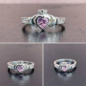 Pale Pink Stone and Silver Claddagh Ring