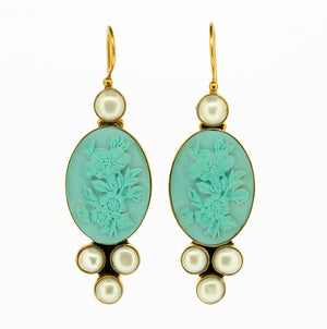 Carved cameo of floral art nouveau style motif with freshwater pearls set in vermeil