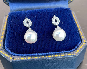Platinum and Diamond Japanese Cultured Akoy Pearl Earrings