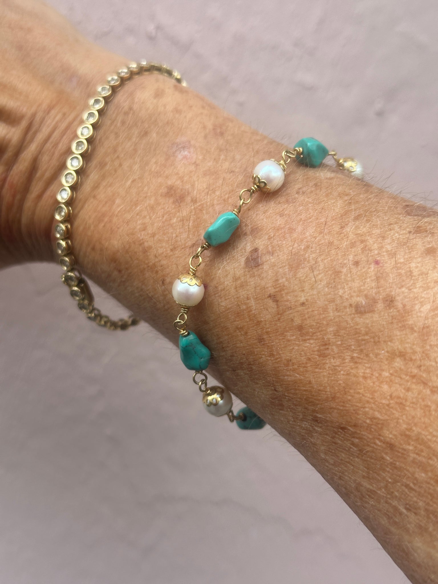 Turquoise & Pearl Gold Bracelet