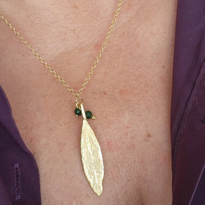 Gold Olive Leaf and Green Bead Necklace