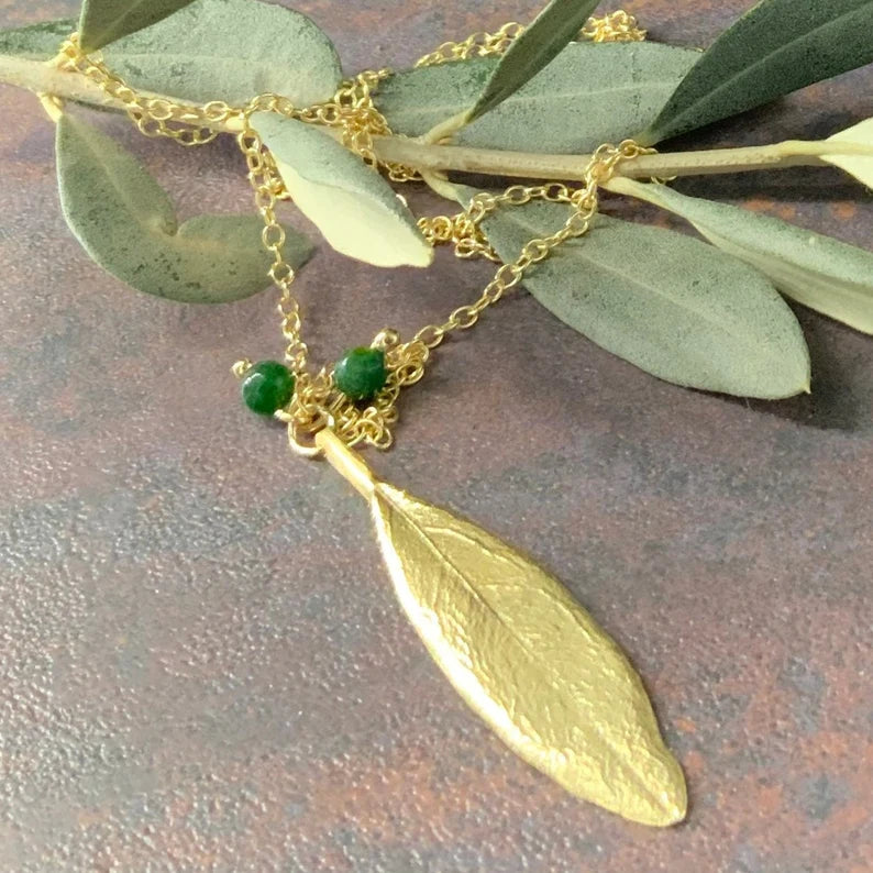 Gold Olive Leaf and Green Bead Necklace