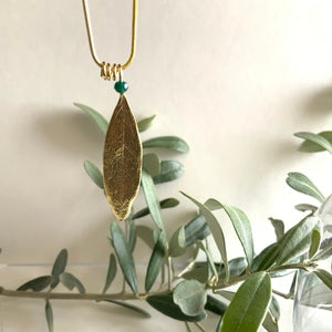 Gold Olive Leaf and Green Bead Necklace