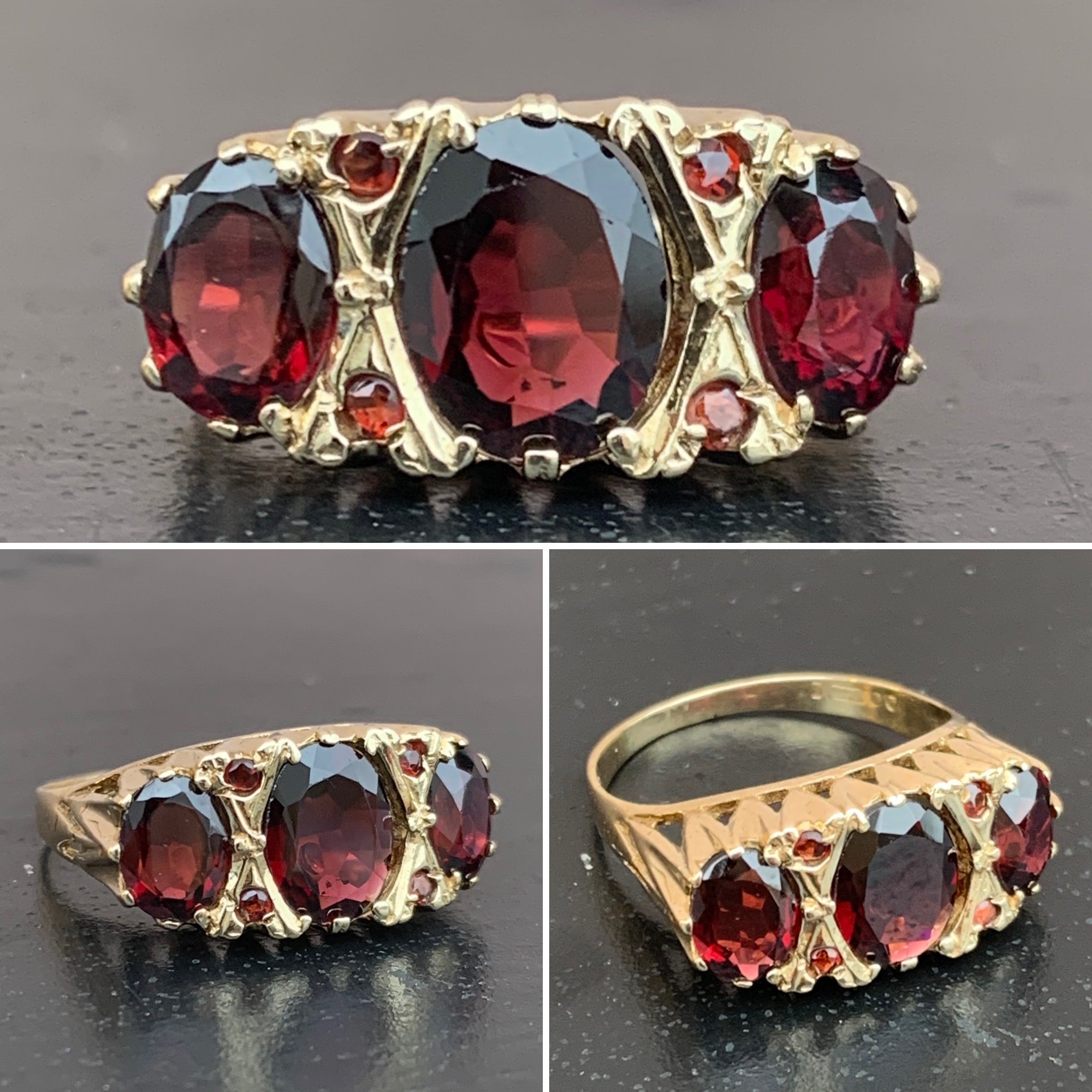 Garnet 3 Stone Yellow Gold Ring