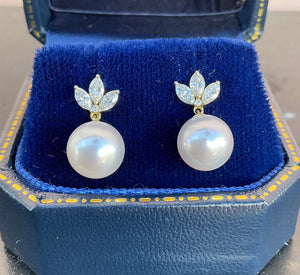 Yellow Gold, Diamond and Japanese Cultured Akoy Pearl Earrings