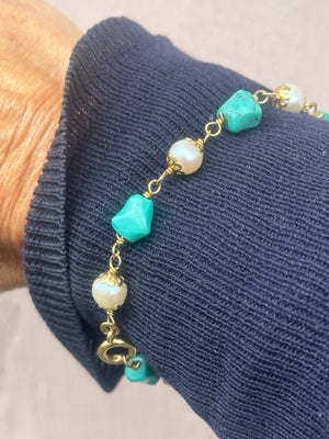 Turquoise & Pearl Gold Bracelet