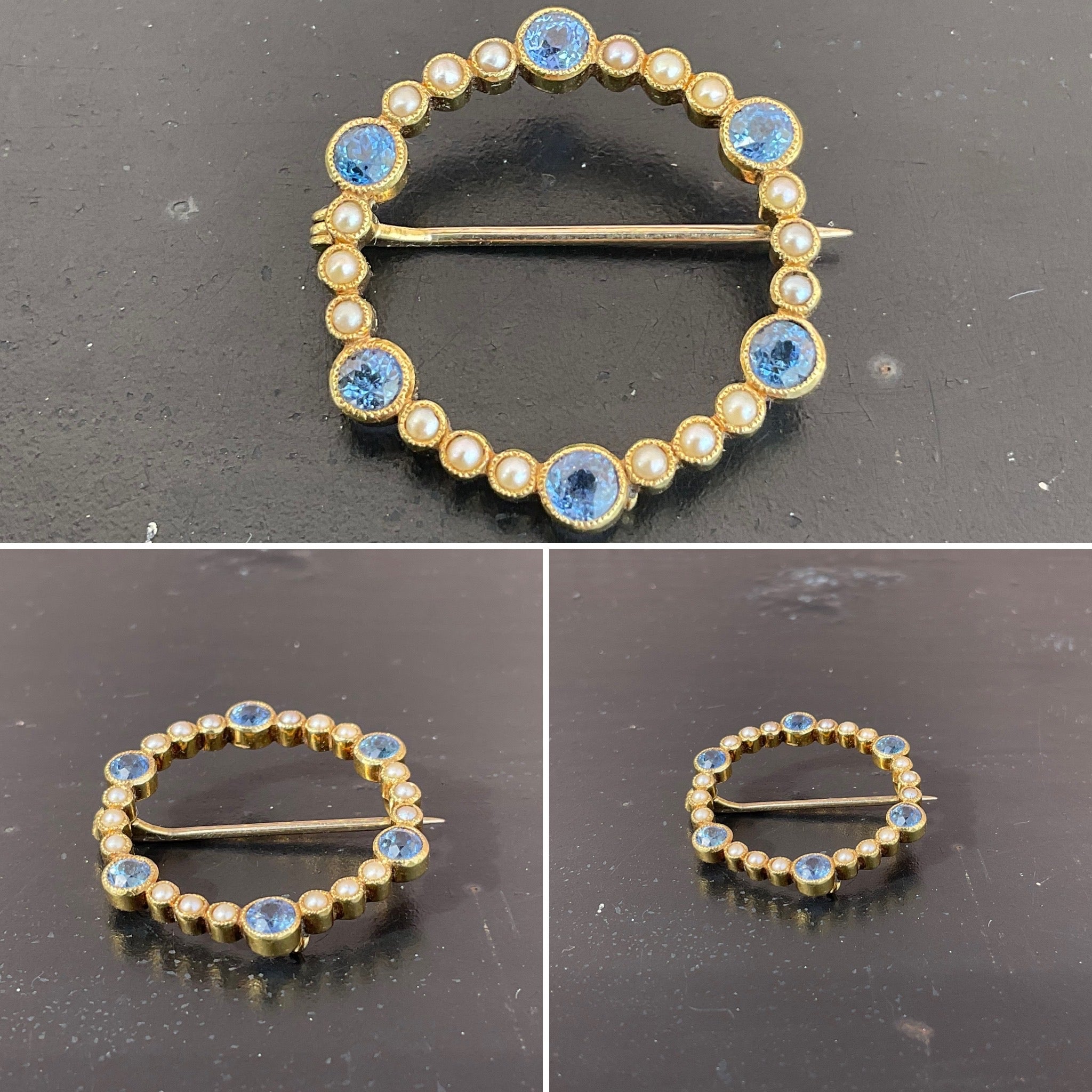 Sapphire and Pearl Yellow Gold Brooch