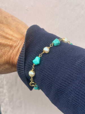 Turquoise & Pearl Gold Bracelet