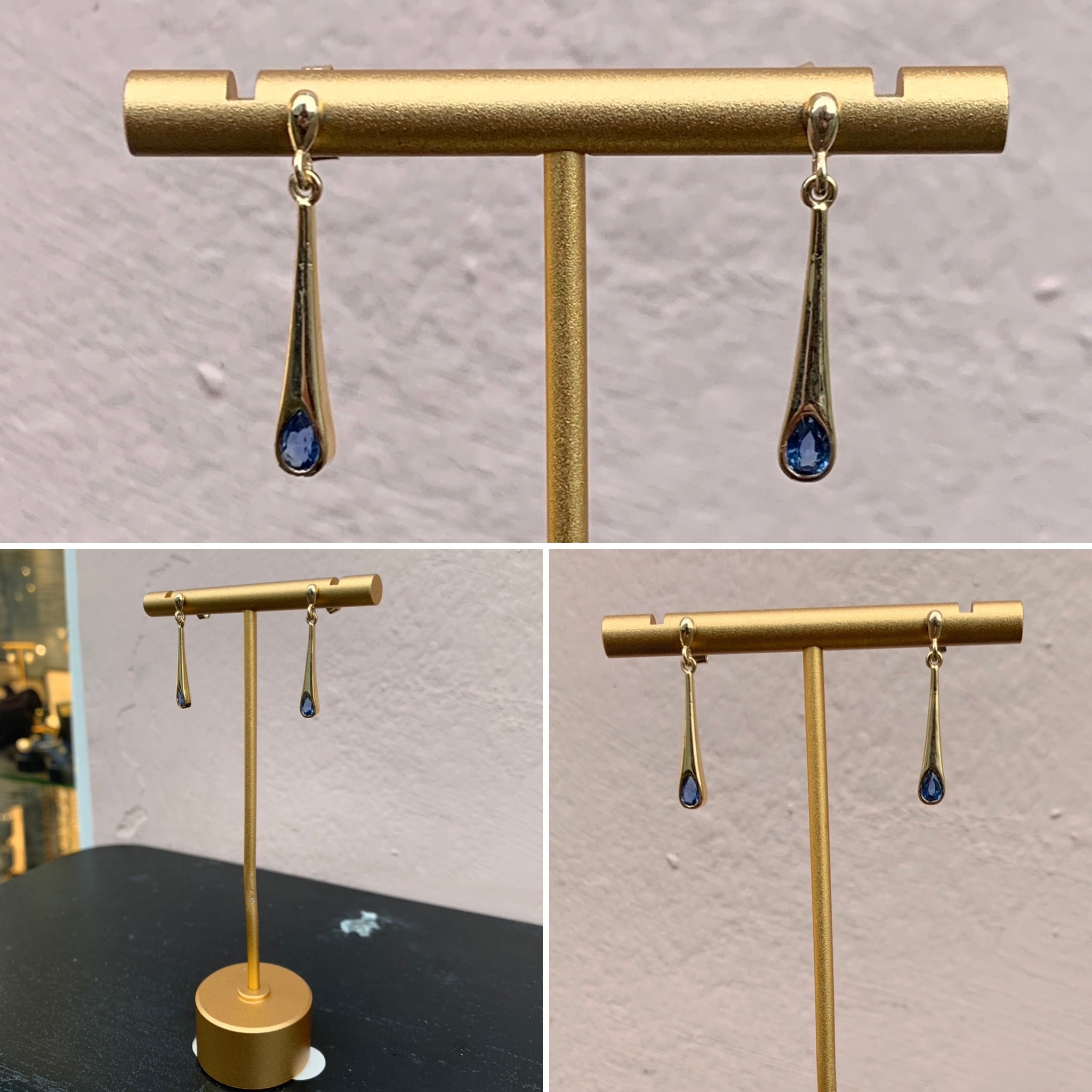 Gold and Blue Stone Drop Earrings