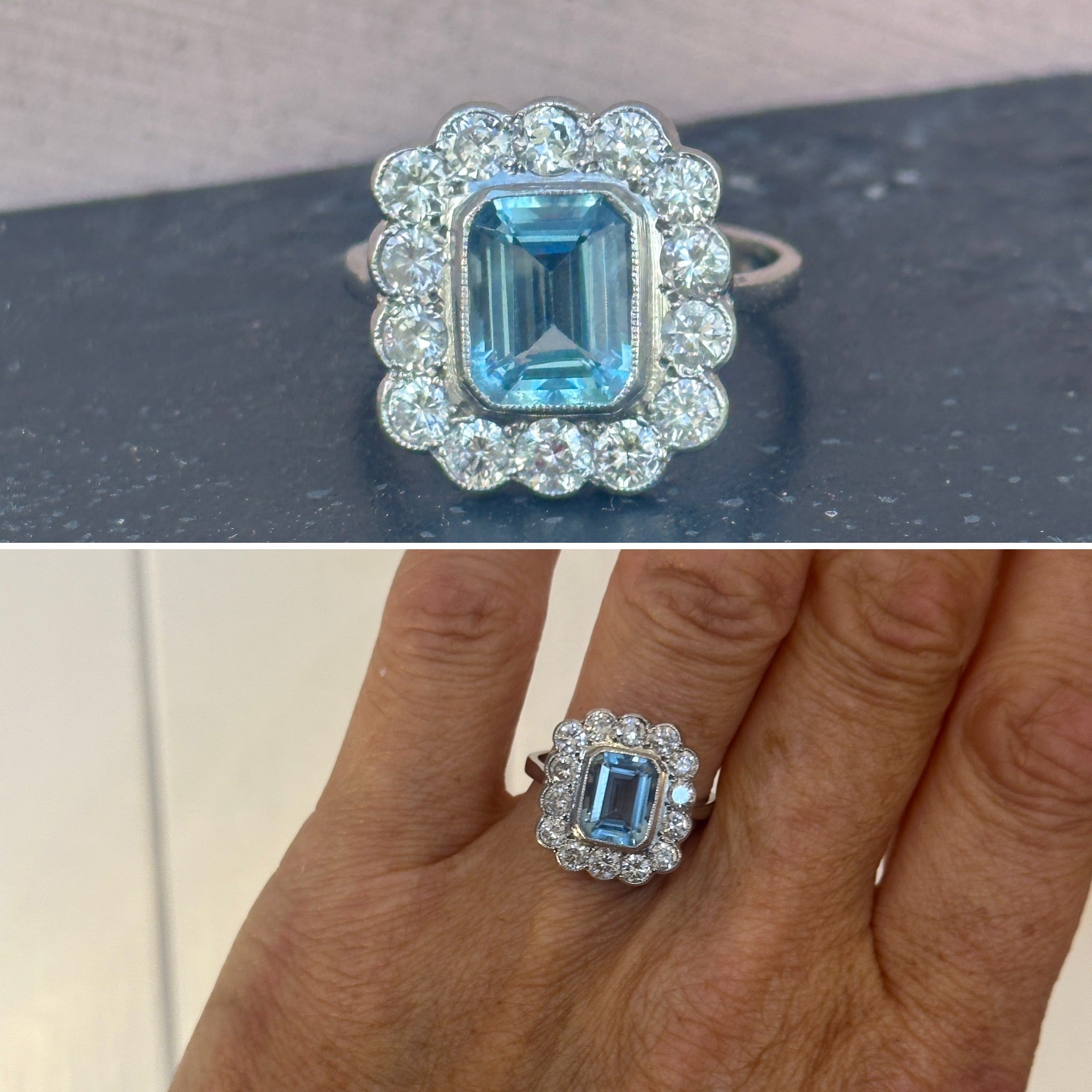 Aquamarine and Diamond Cluster Ring