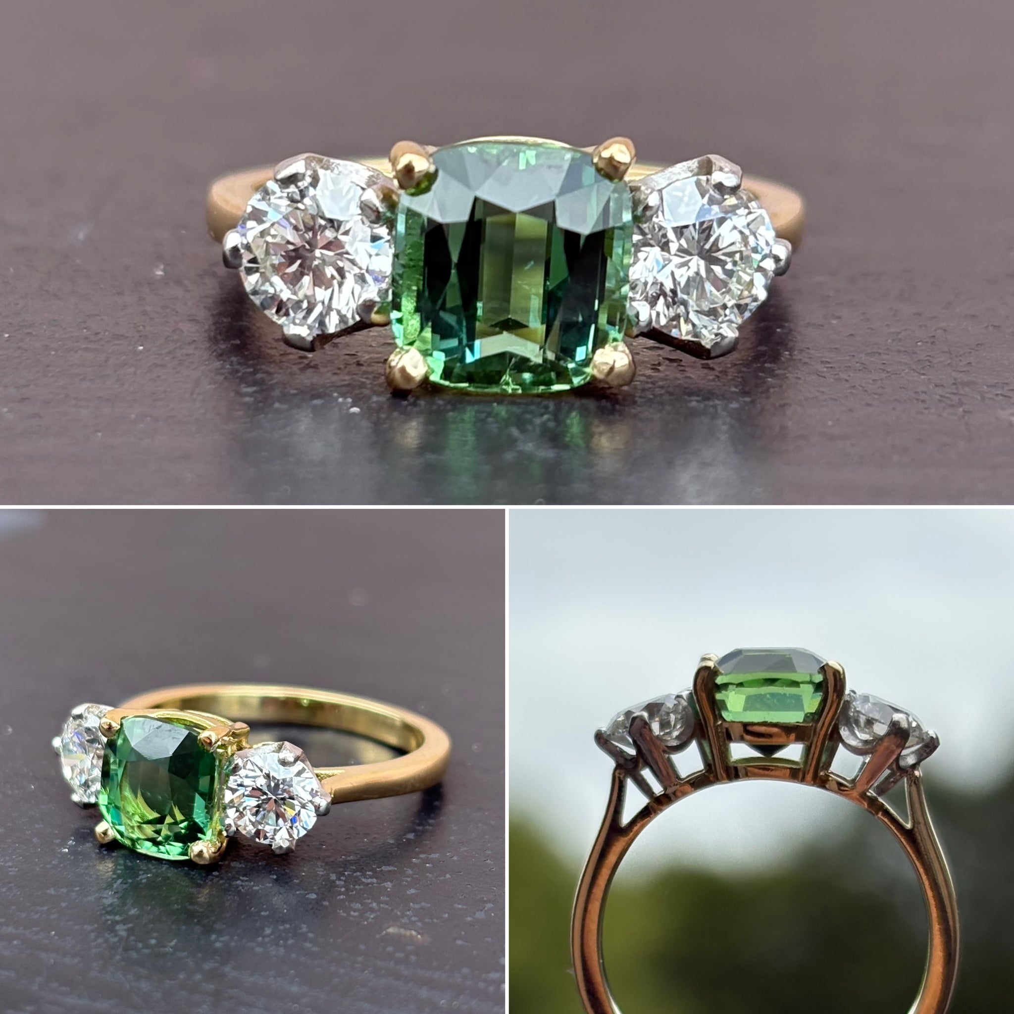 Tourmaline and Diamond 3 Stone Ring