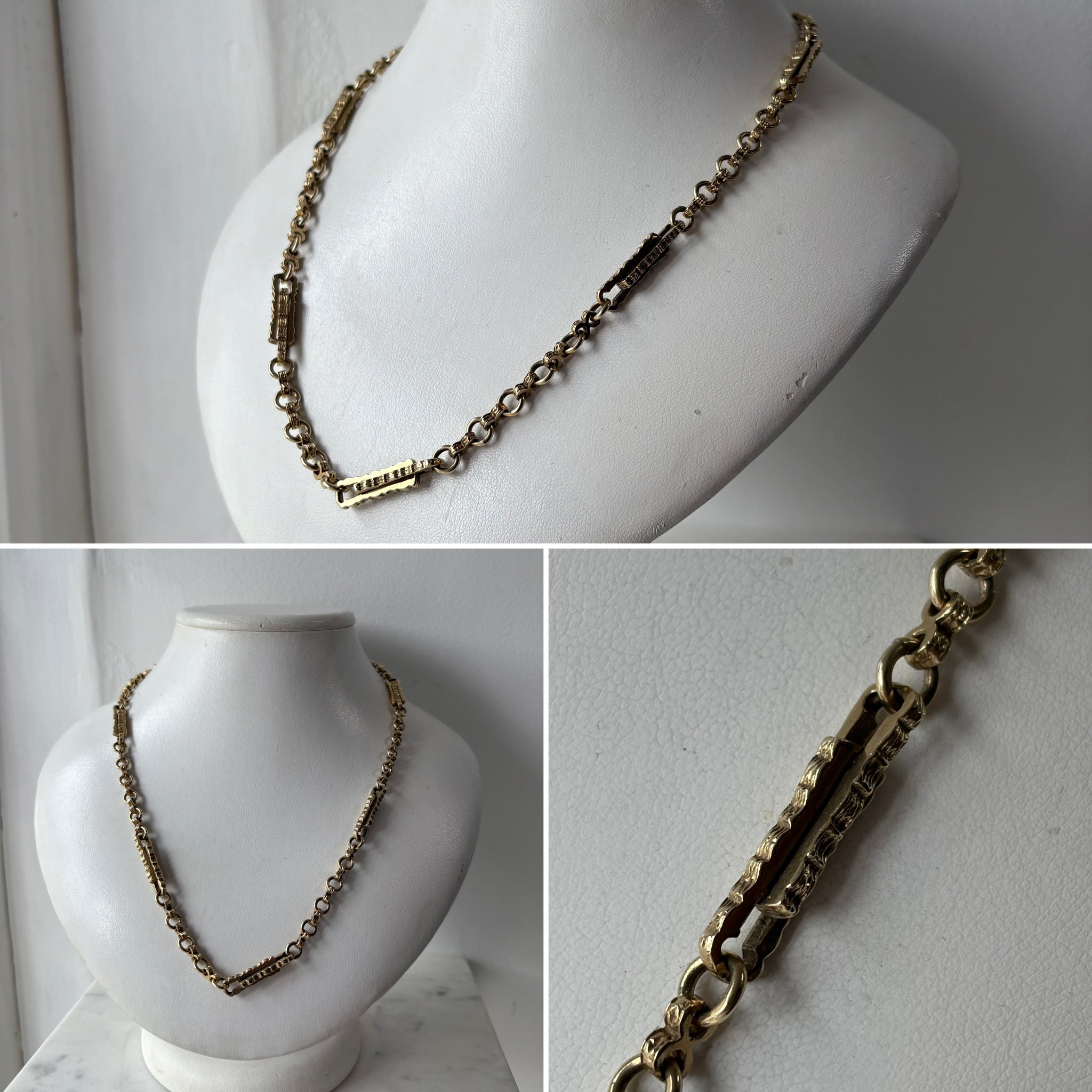Vintage Yellow Gold Engraved Trombone Link Necklace