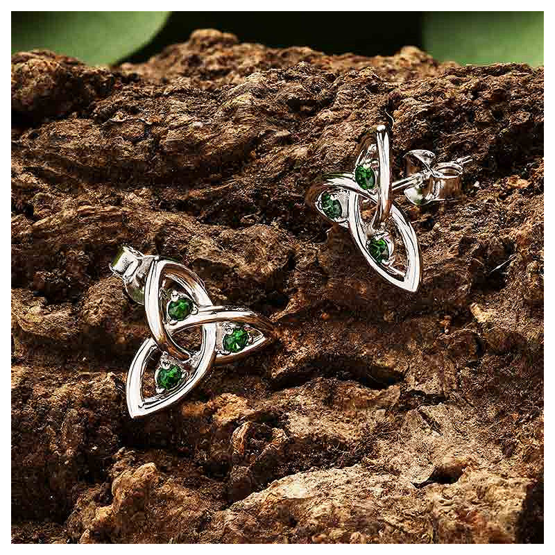Silver Emerald Stud Trinity Earrings