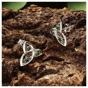 Silver Emerald Stud Trinity Earrings