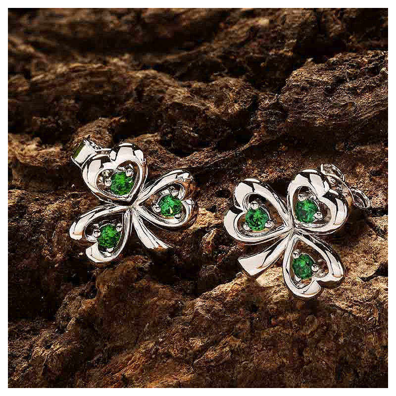 Silver Emerald Stud Shamrock Earrings