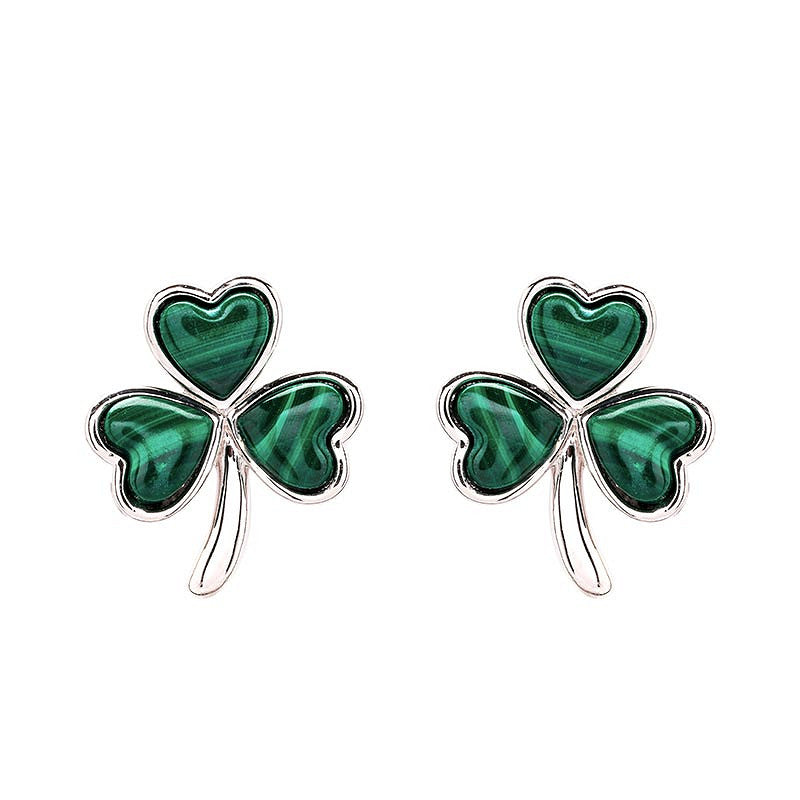 Silver Malachite Shamrock Stud Earrings