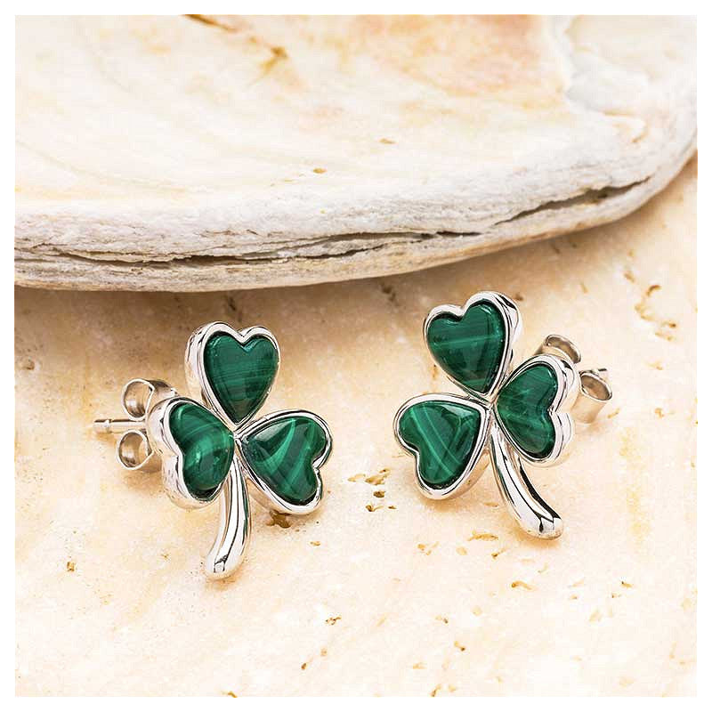 Silver Malachite Shamrock Stud Earrings