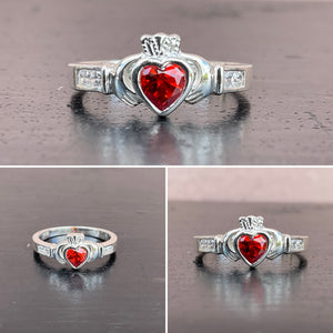 Red Stone and Silver Claddagh Ring