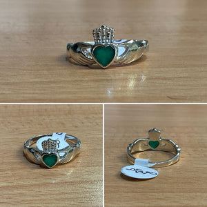 Silver solid Crown Green Stone Claddagh Ring