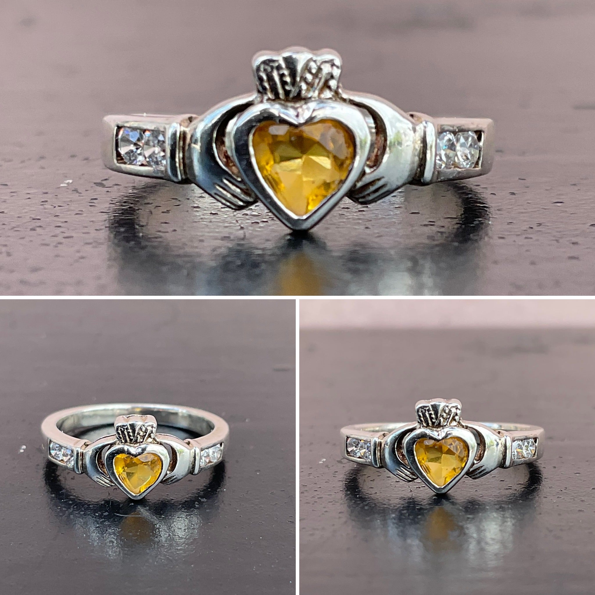 Yellow Stone and Silver Claddagh Ring