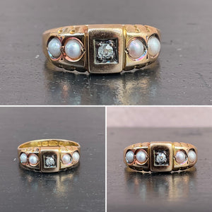 9ct Yellow Gold and Diamond Ring with Pearls