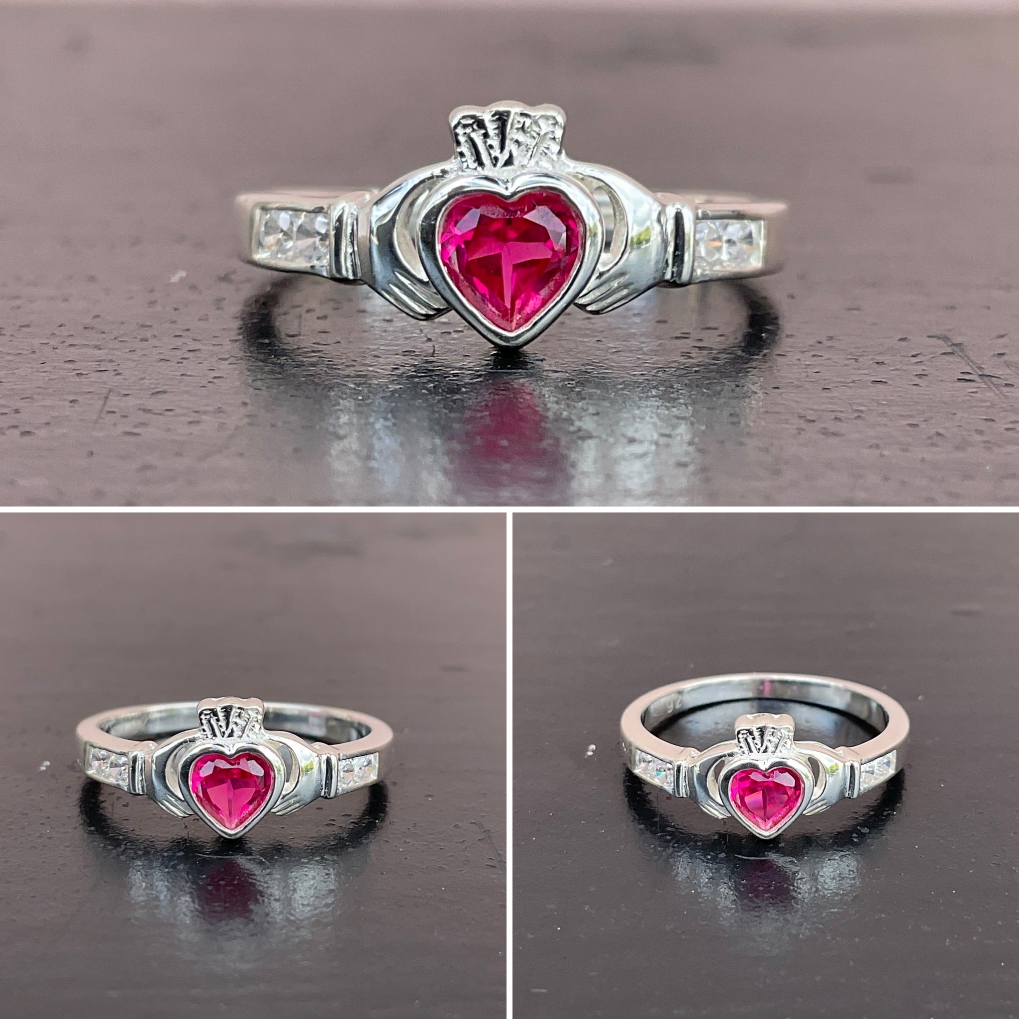 Pink Stone and Silver Claddagh Ring