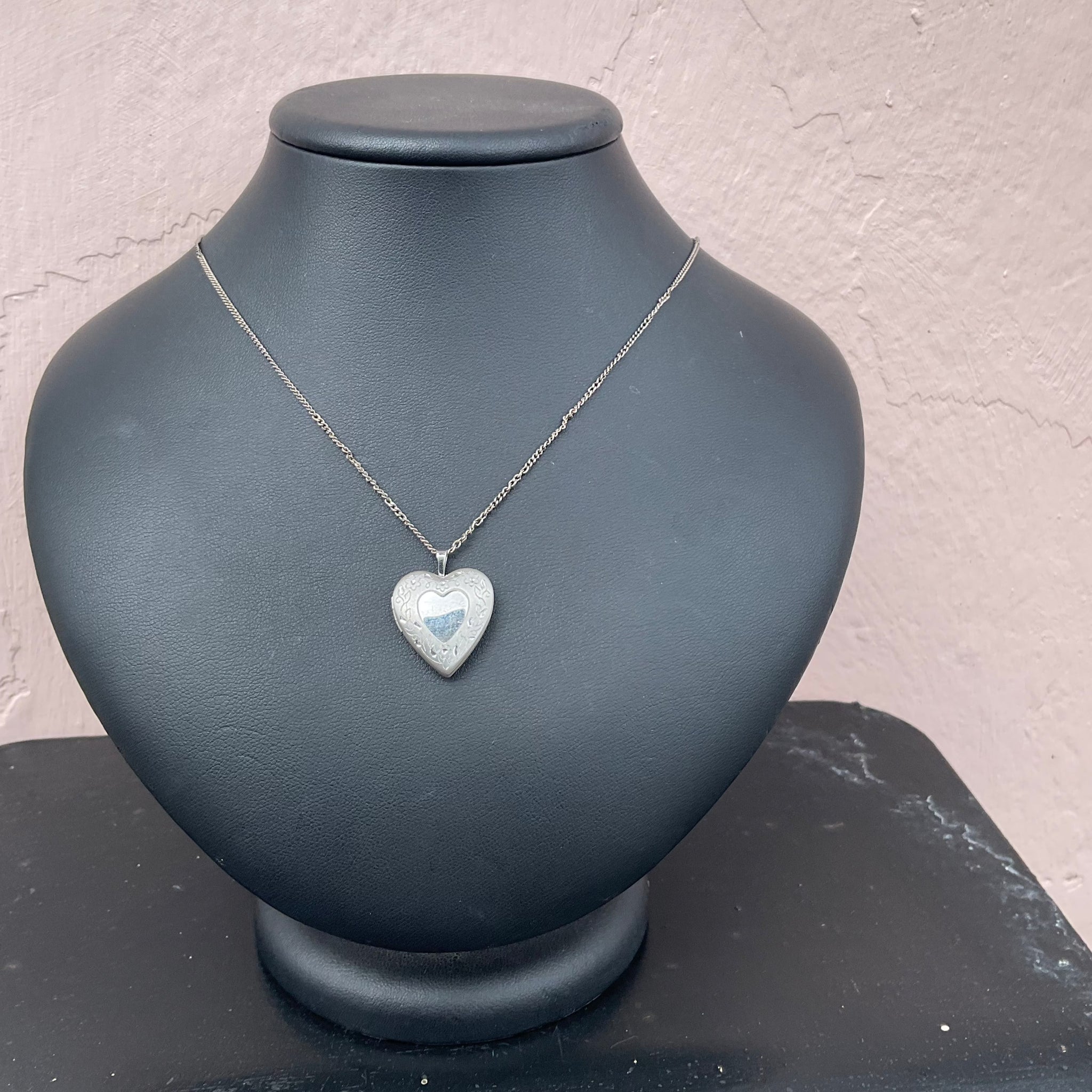 Vintage Silver Engraved Heart Locket and Chain