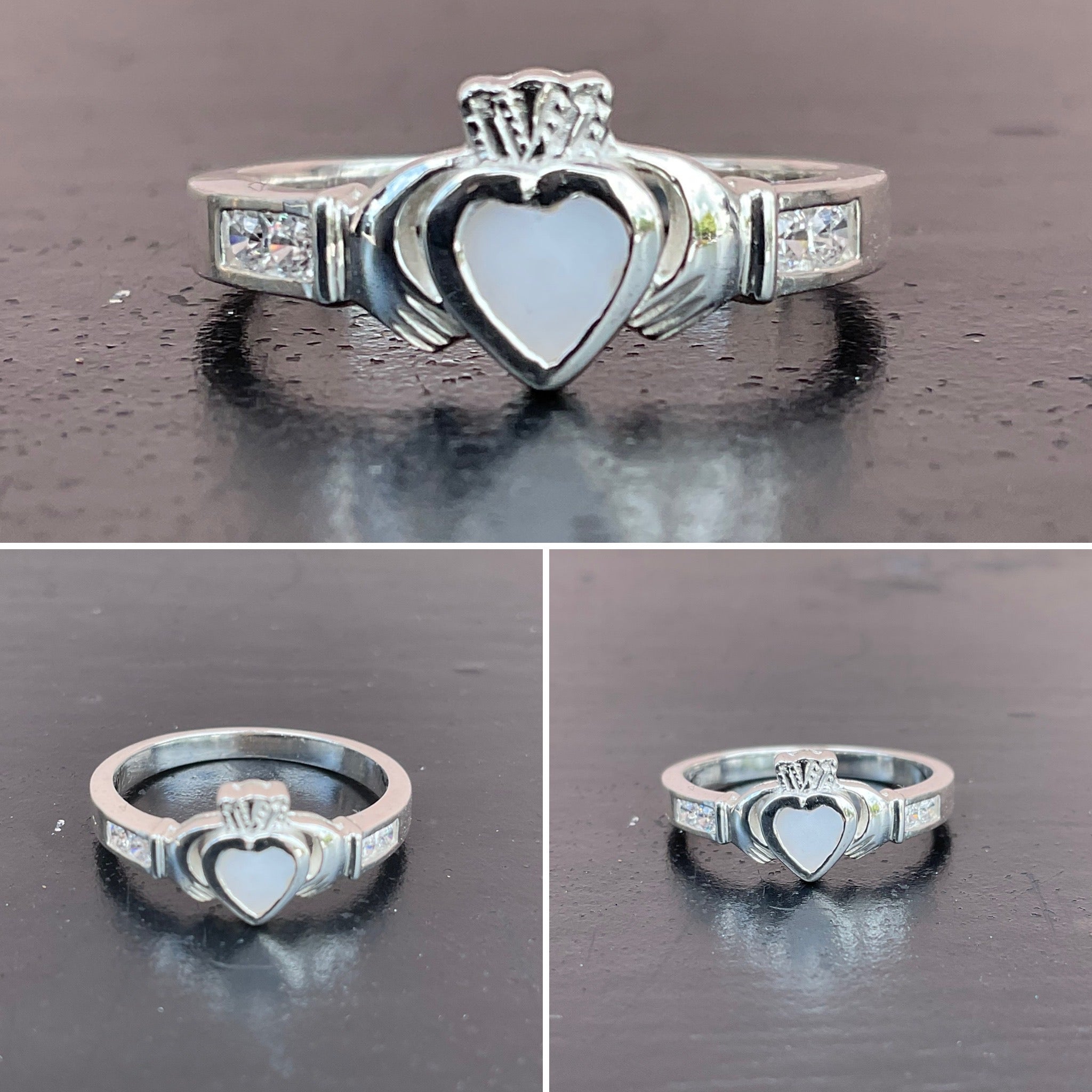 White Stone and Silver Claddagh Ring