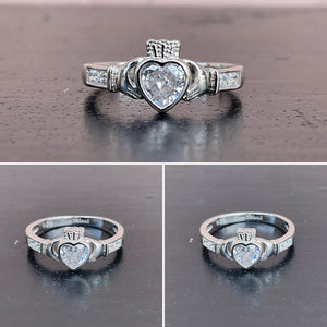 Clear Stone and Silver Claddagh Ring