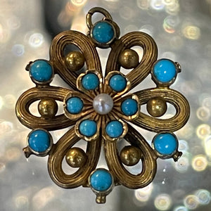 Vintage Turquoise Pearl Gold Pendant